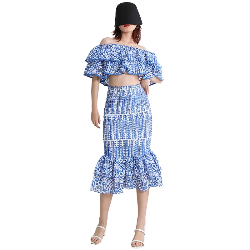 TWOTWINSTYLE Skew Collar Sleeveless Tops High Waist Ruffles Skirts Two Piece Women Suit Set