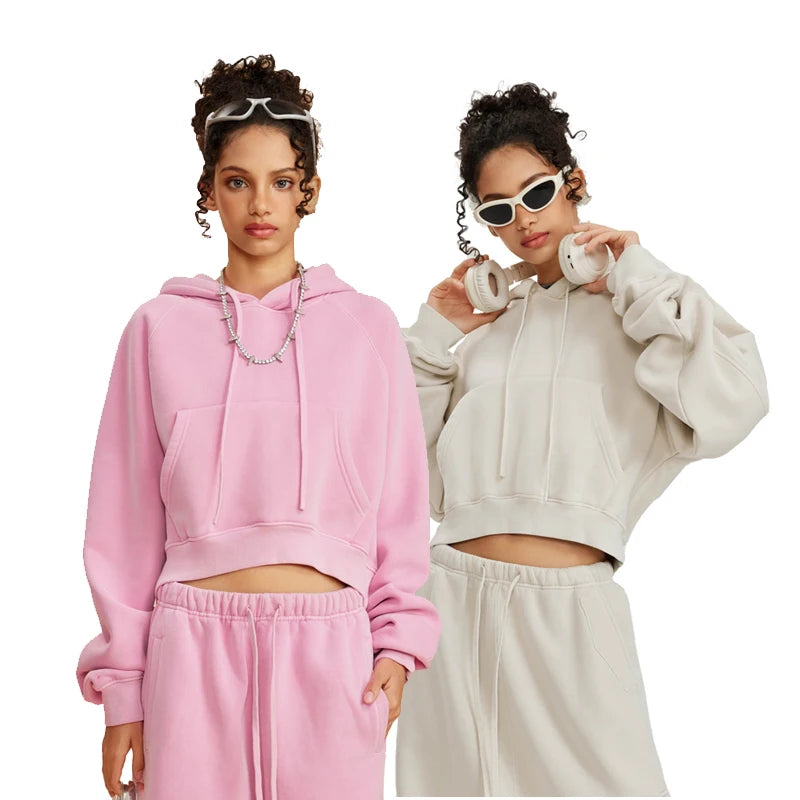 Vintage Washed 355G Cotton Women's Short Sweatshirt Spice Girls Drop Shoulder Fleece  Hoodies Pullover