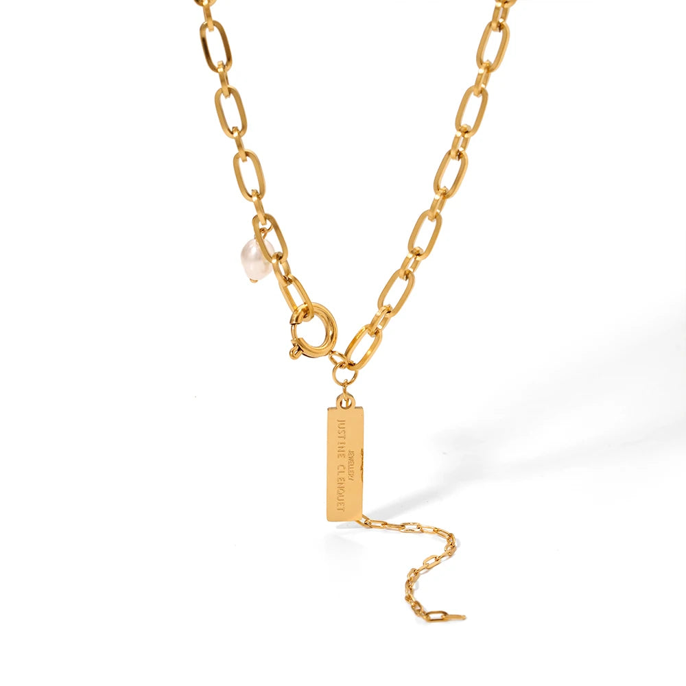 Hip Hop Design 18k Freshwater Baroque Pearls Initial Letters Bar Pendant Necklace Stainless Steel Waterproof Jewelry