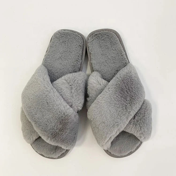 Women's Fashionable Open Toe Cotton Slippers Soft Washable Plush for Spring Hot Sales Cute Cross Strap Design for Home Winter