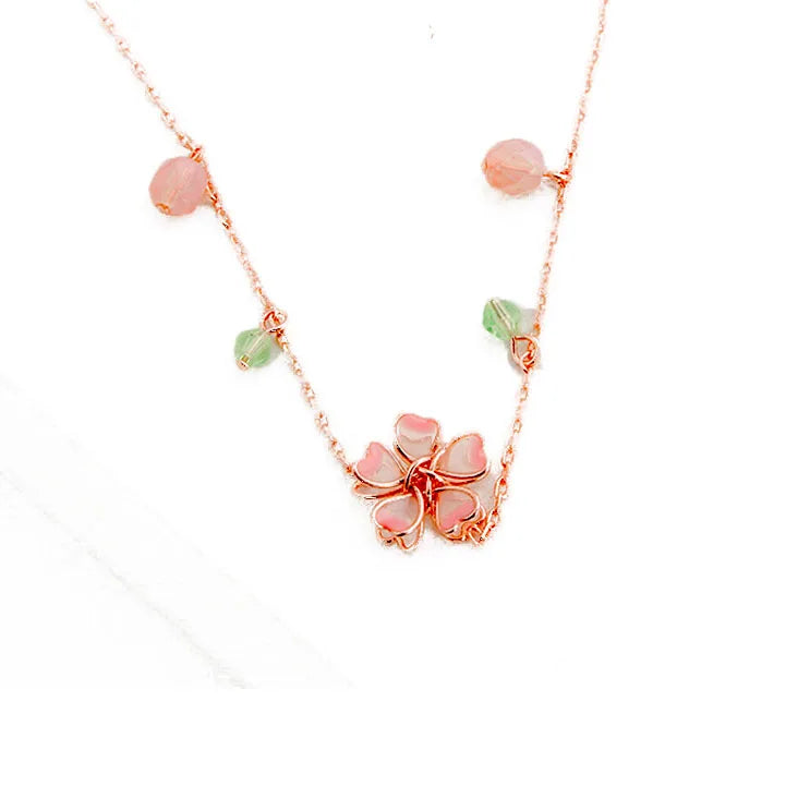 Pink Delicate Cherry Flower Necklace Copper Crystal Cat Eye Stone Flower Choker Necklace Women Girl Fashion Jewelry Party Gift