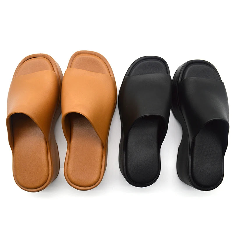 Women's Summer Square-Toe Platform Sandals Comfortable and Anti-Slip Flat Slide Slippers in Eva Material