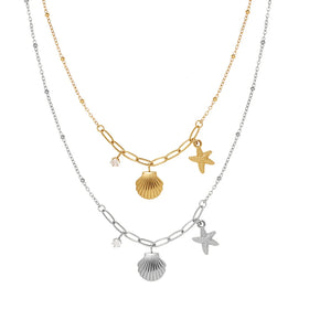 Dainty 18K Gold Plated Shell Starfish Pendant Necklace Waterproof Jewelry for Women Stainless Steel Satellite Chain Necklace