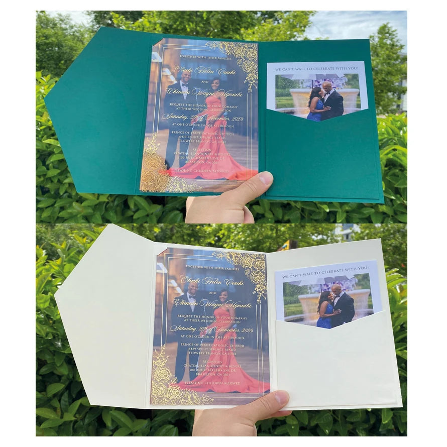 Free Designed Luxury Gold Photo Print Acrylic Wedding Invitation Card With Custom Colors Pocket Envelope