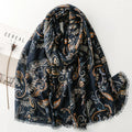 Ethnic Style New Black Hook Flower Print Cotton Feeling Scarves Ladies Fancy Cashew Pattern Cotton Scarf Shawl Hijab With Tassel