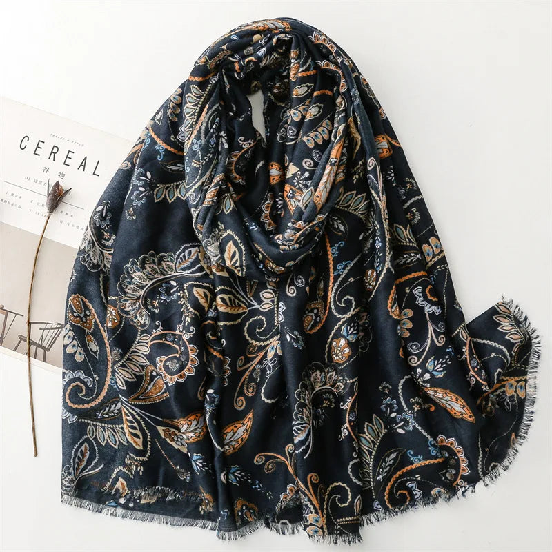 Ethnic Style New Black Hook Flower Print Cotton Feeling Scarves Ladies Fancy Cashew Pattern Cotton Scarf Shawl Hijab With Tassel