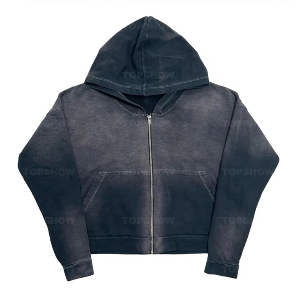 Pullover Printed Sweatshirts Custom Cotton French Terry Vintage Washed Distressed Acid Wash Oversized Cropped Zip up Hoodies Men