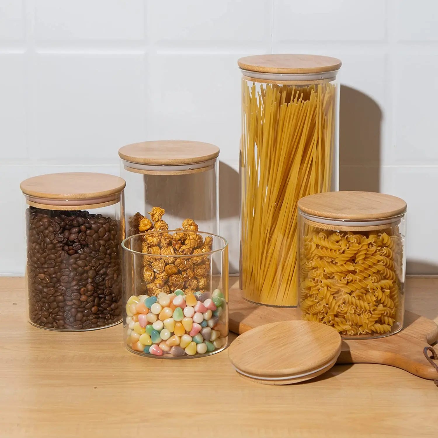 Stackable Kitchen Canisters Food Storage Containers Glass Storage Jar Clear Glass Airtight Bamboo Lid 350ml Small Eco-friendly