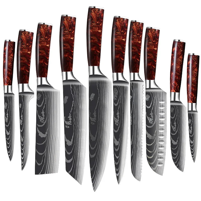 10 Pcs Kitchen Knives Set Laser Damascus Pattern High-Hardness Stainless Steel Red Resin Handle Ambidextrous Luxurious Knife MegaBDM
