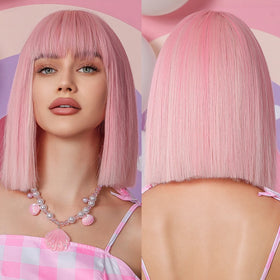 Immediate Delivery Pink Bob Synthetic Wig for Women Short Straight Wigs with Bangs Pink Colorful Cosplay False Hair Party