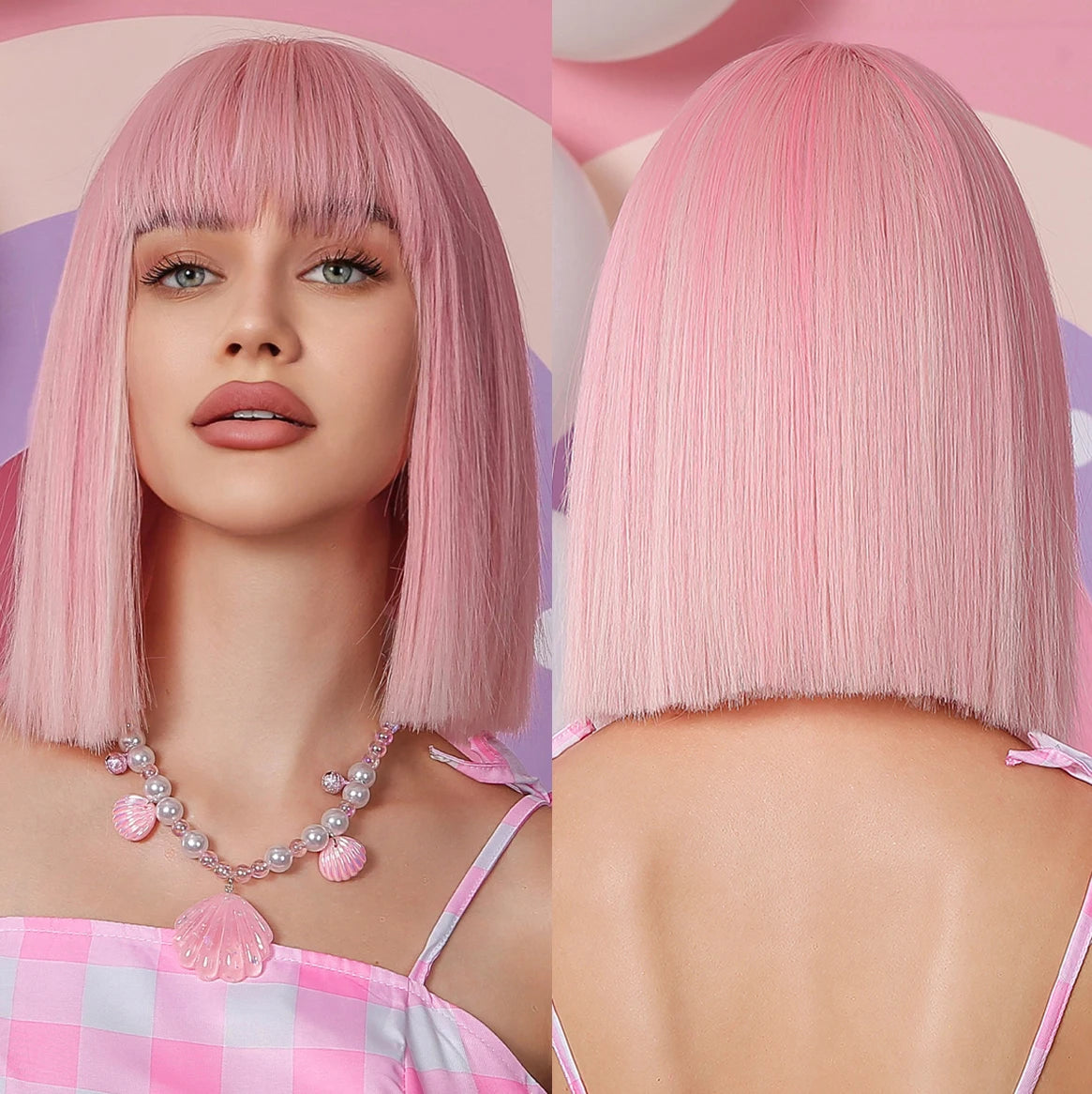 Immediate Delivery Pink Bob Synthetic Wig for Women Short Straight Wigs with Bangs Pink Colorful Cosplay False Hair Party