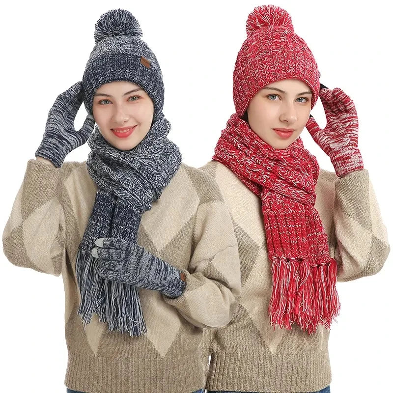 2025 New Arrival Winter Fashion 3 PCS Set Warm Acrylic Pompom Knitted Hat Gloves Scarf for Outdoor Use Custom Logo for Adults