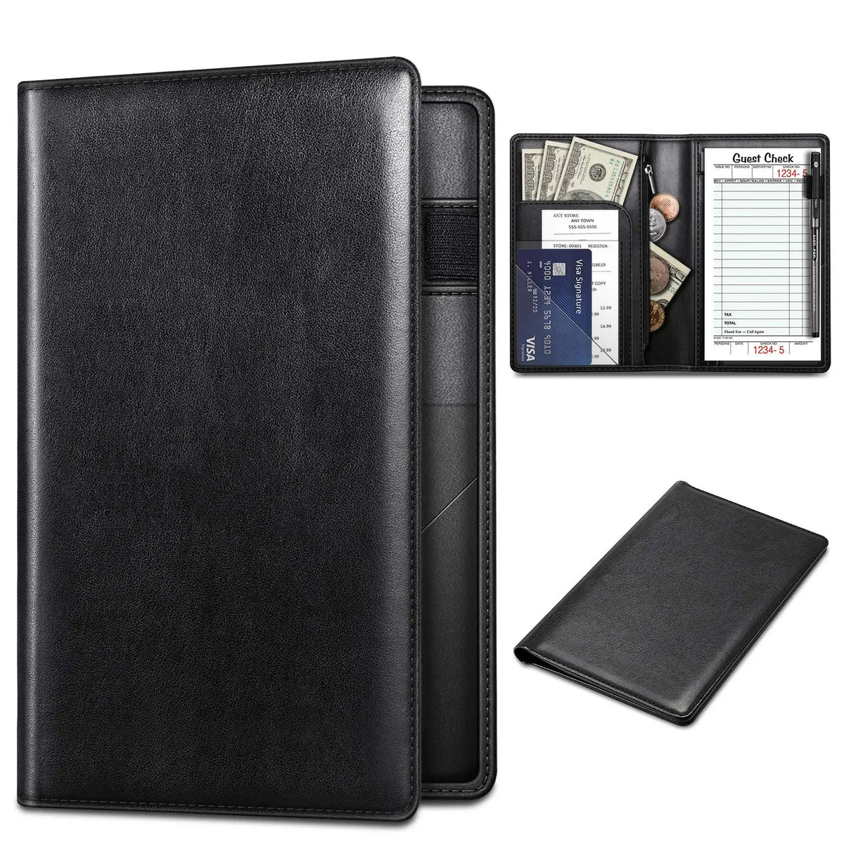 PU Leather Restaurant Guest Check Presenters and Waiter Book Organizer Holds Server Book with Zipper Pocket MegaBDM