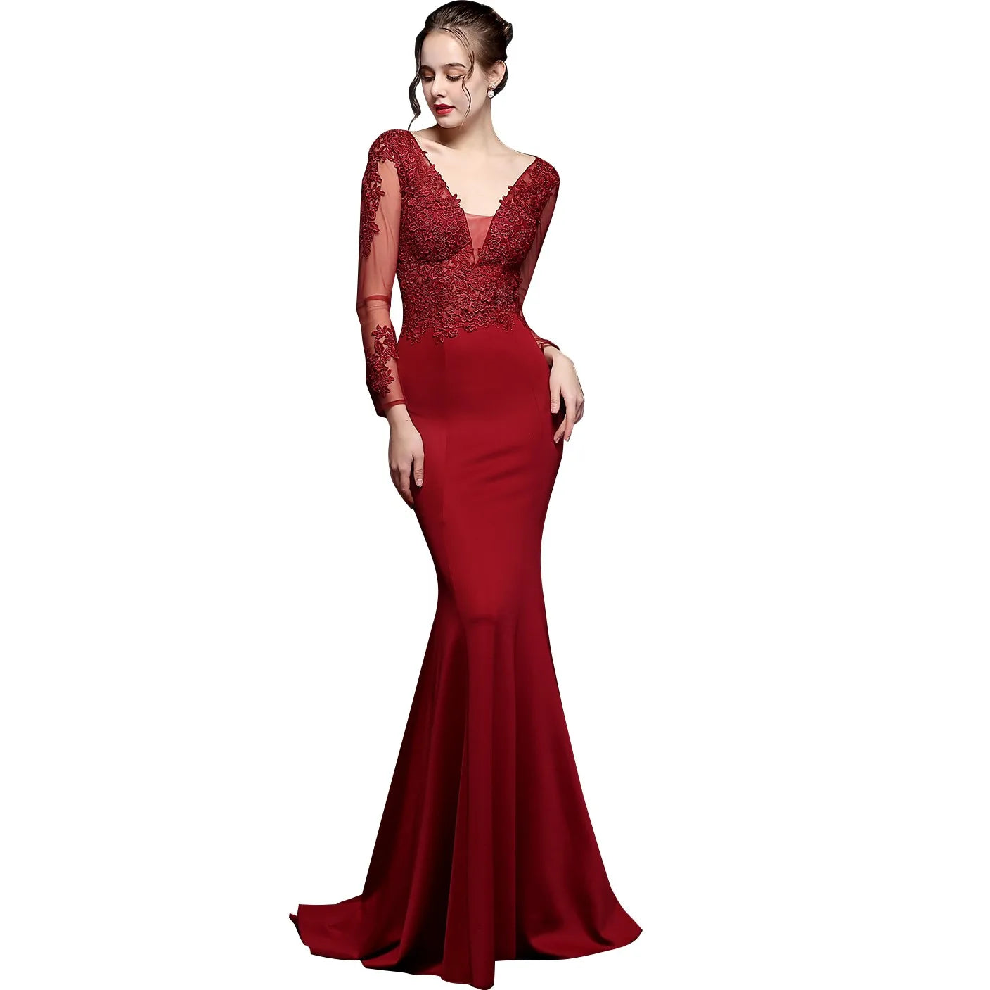 6 Colors Women's Evening Dresses Long Sleeve Mermaid Evening Gown Party Dresses V Neck Lace Prom Dresses