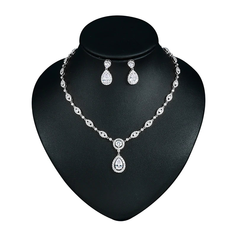 Weiman Halo Shining Crystal Teardrop Necklace Earrings Jewelry Set Gold Silver Plated Wedding Party Jewelry Accessories Gift