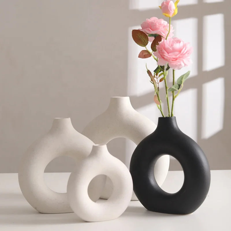 Home Decoration Ring Vase Nordic Ins Doughnut Artificial Burn Frosted Matt Ring Ceramic Dried Flower Ware Ornaments Ceramic Vase