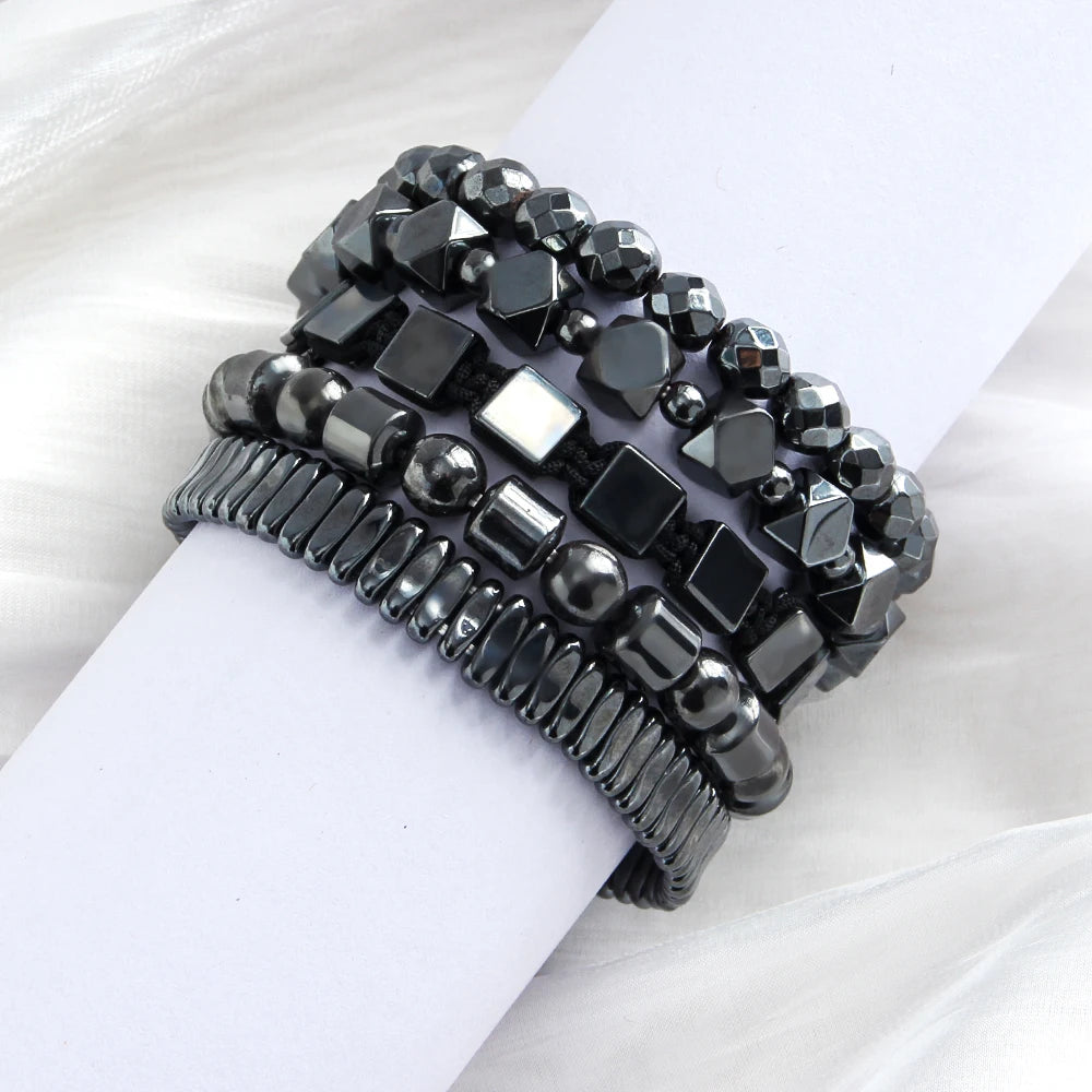 New Vintage Women Hematite Bead Elastic Handmade Woven Adjustable Bracelet Multiple Dhapes 5pc Hematite Men Bracelet Set