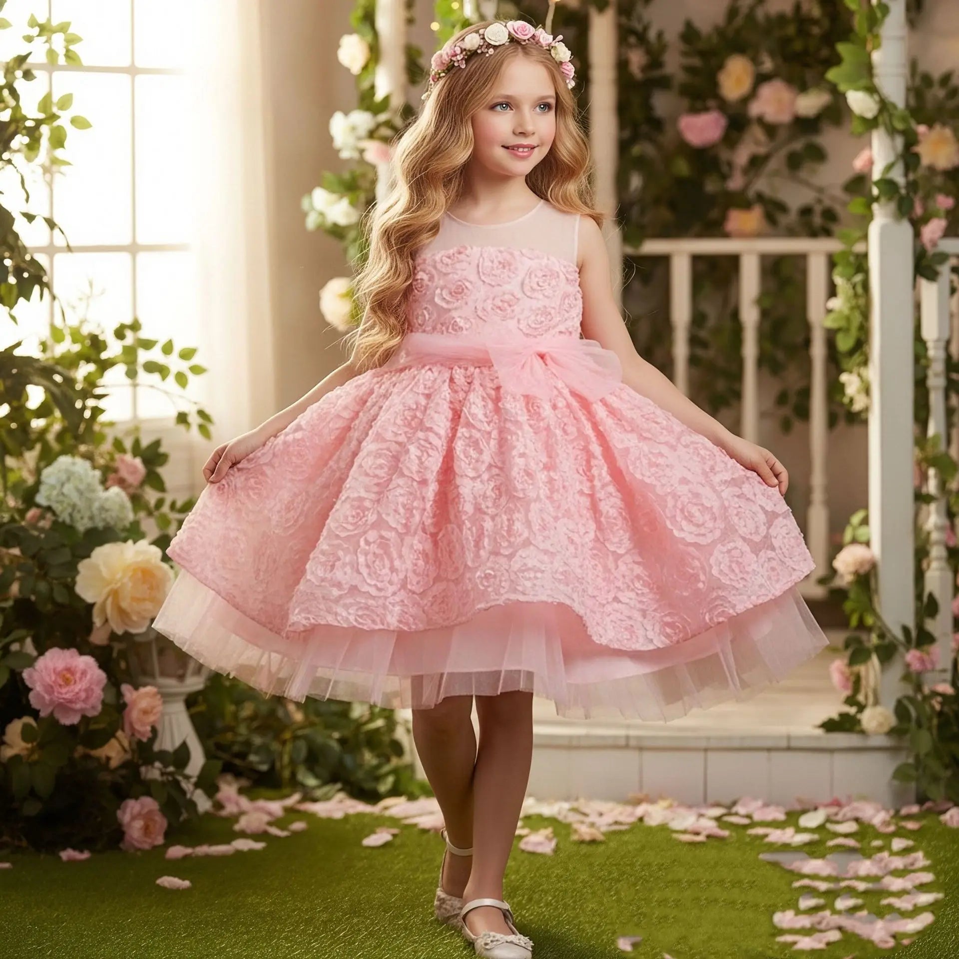 Elegant Style Flower Dresses for Girls of 10 Year Old Fluffy Summer Girls Birthday Party Dresses Red Kid Prom Wedding Dresses