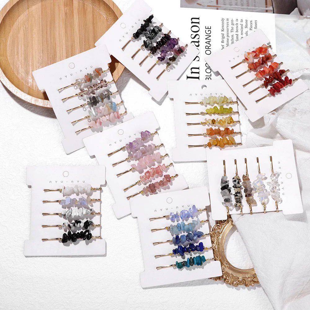 Ins Charming Korean Fancy Colorful Natural Crystal Stone Side Clips Hair Clips Multicolor Gold Plated Ladies Daily Accessories