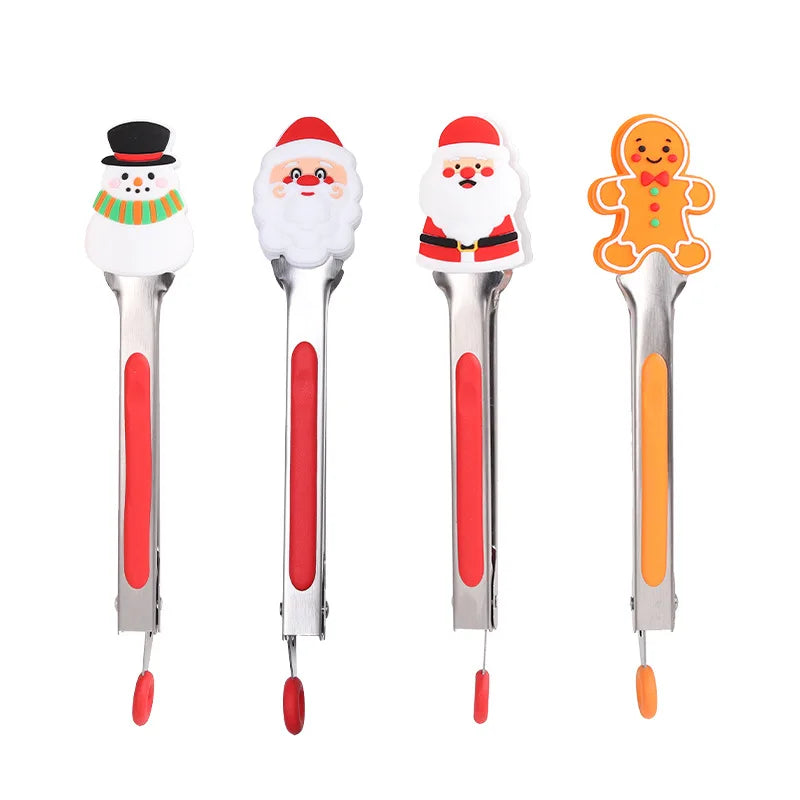7-Inch Long Eco-friendly Stainless Steel Cartoon Style Multifunctional Food Tong Silicone Christmas Steak Clip for Home Kitchen