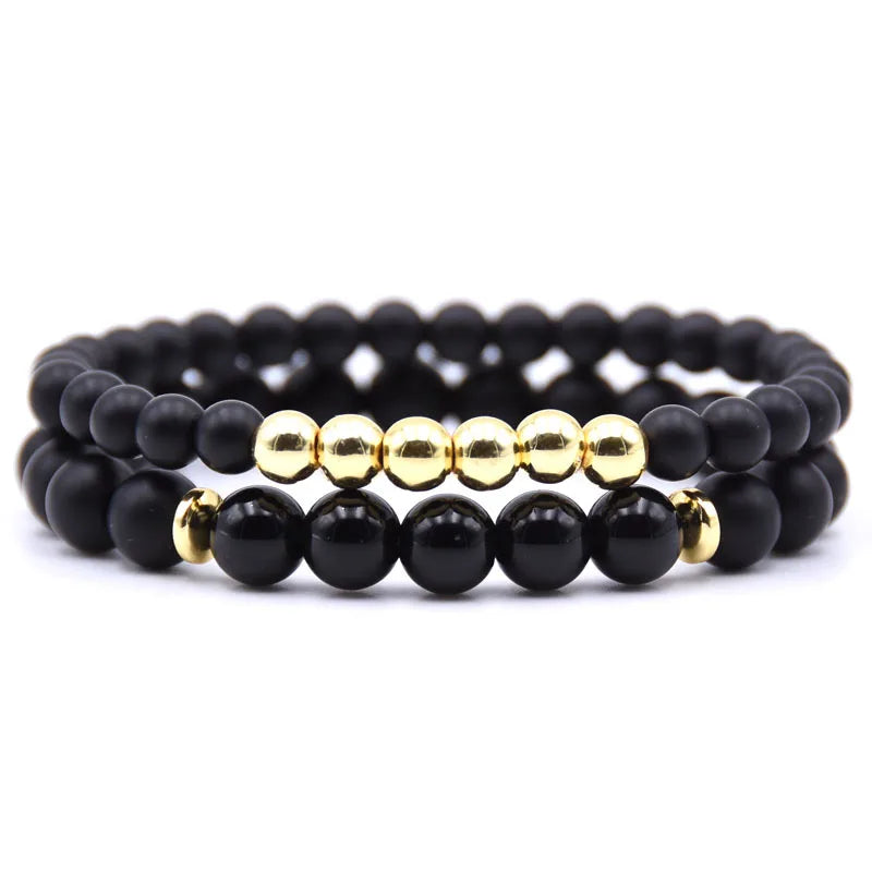 2PCS Black Matte Onyx Prayer Beads Bracelet for Men Women Elastic Natural Stone Golden Hematite Couple Friendship Bangle Jewelry