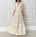 French Retro Style 2024 Spring New V-Neck Mid-sleeve Lace Splicing Design Solid Color Long Dress