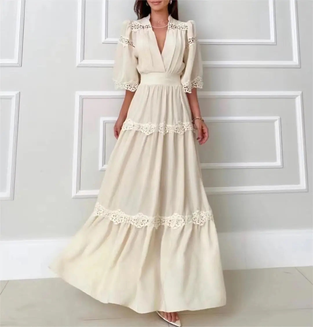 French Retro Style 2024 Spring New V-Neck Mid-sleeve Lace Splicing Design Solid Color Long Dress