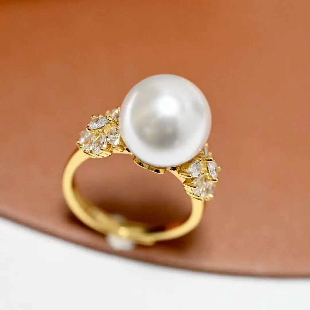 White 925 Sterling Silver Engagement Ring 12mm Natural Edison AAAA Grade Round Big Pearl Classic Ladies Jewelry