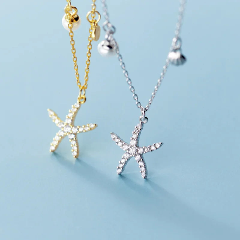 Ocean Style Gold Plated Zircon Starfish 925 Sterling Silver Shell Pearl Pendant Necklace