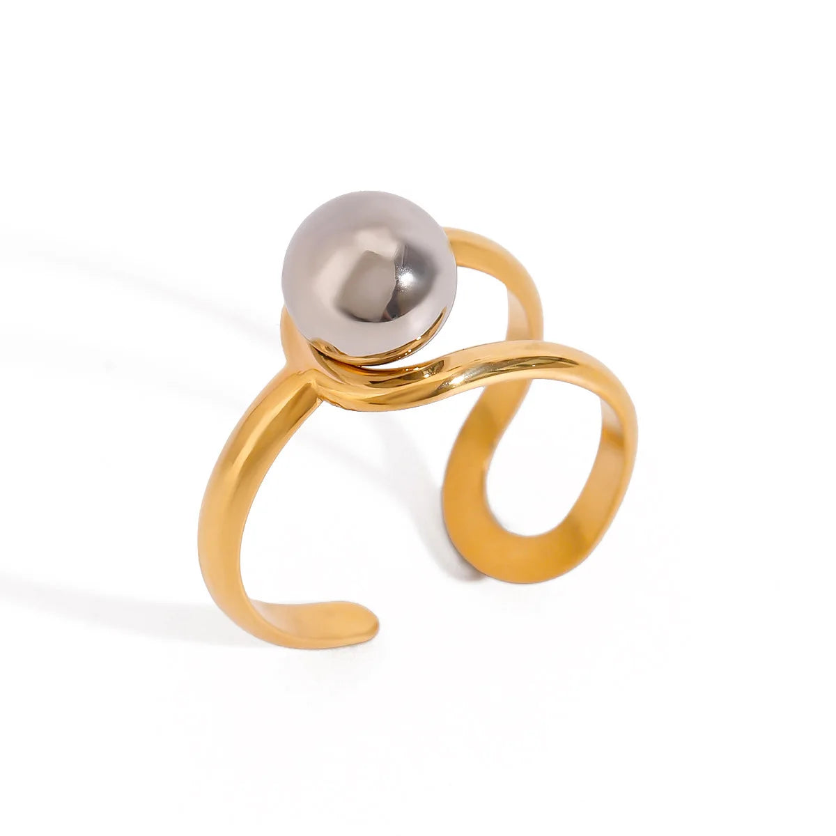 N&S Adjustable Open Ring with 18K Gold Tone Stainless Steel Hollow Bead Gold and Silver Fashion Rings