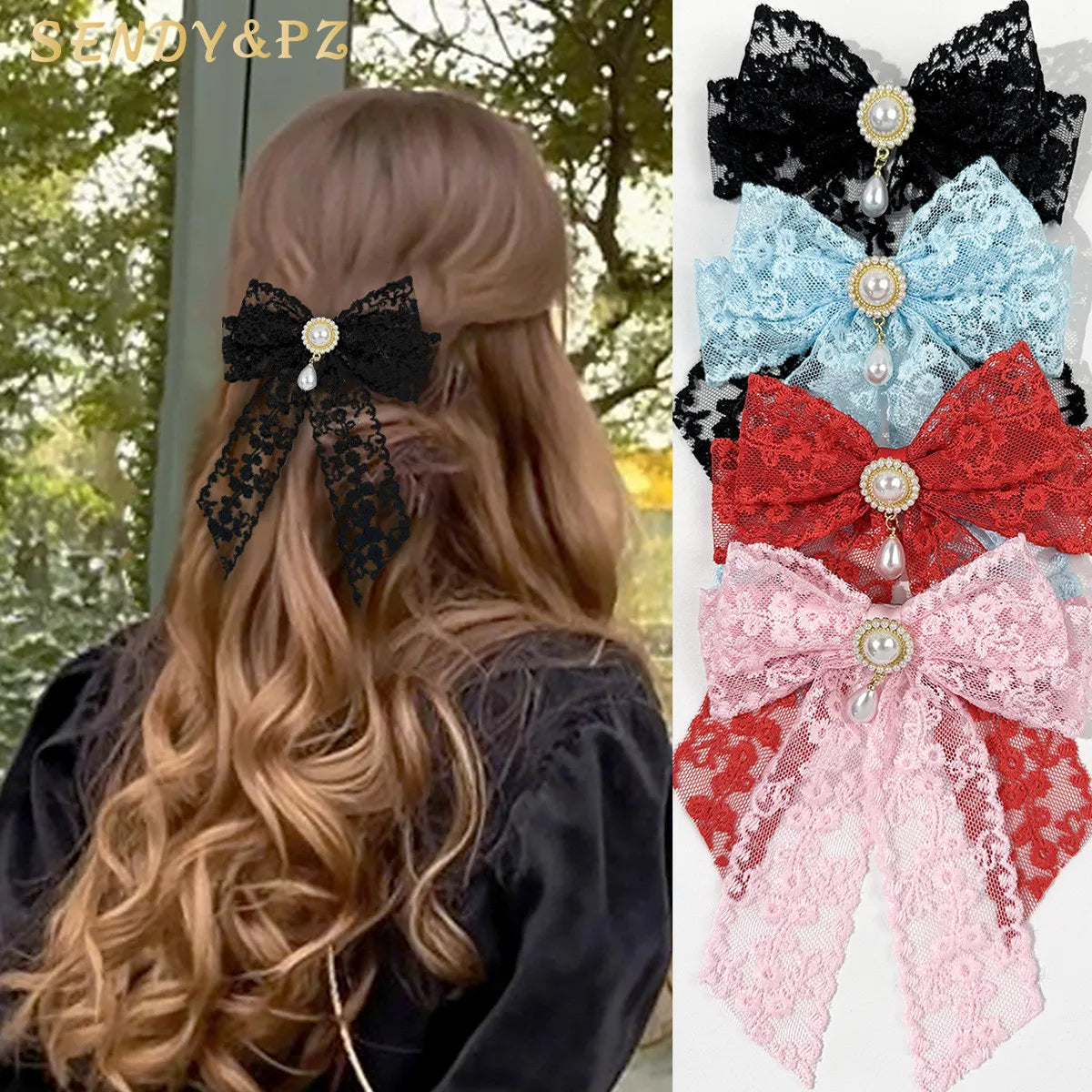 Elegant Solid Color Lace Bow Ribbon Hairpins Pearl Bowknot Duckbill Clips for Women Girls Hair Barrette Accessoires