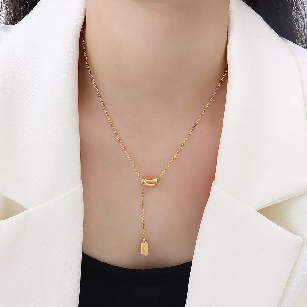 INS Cute Stainless Steel Small Pea Bean Pendant Lucky Tassel Long Chain Necklace for Women