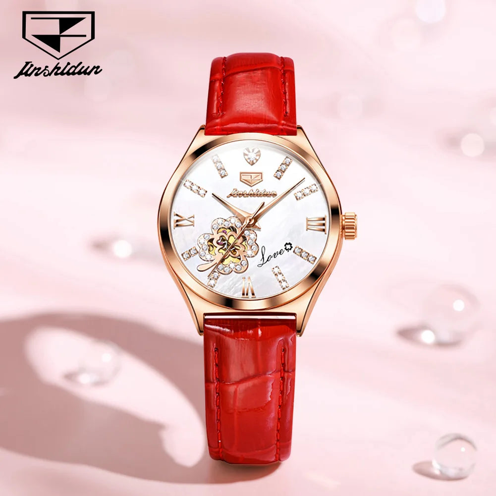 JSDUN 8924  Custom Logo Fashion Casual Fashion Hollow-out Mechanical Skeleton Automatic Watch  Woman Lady Leather Wristwatch