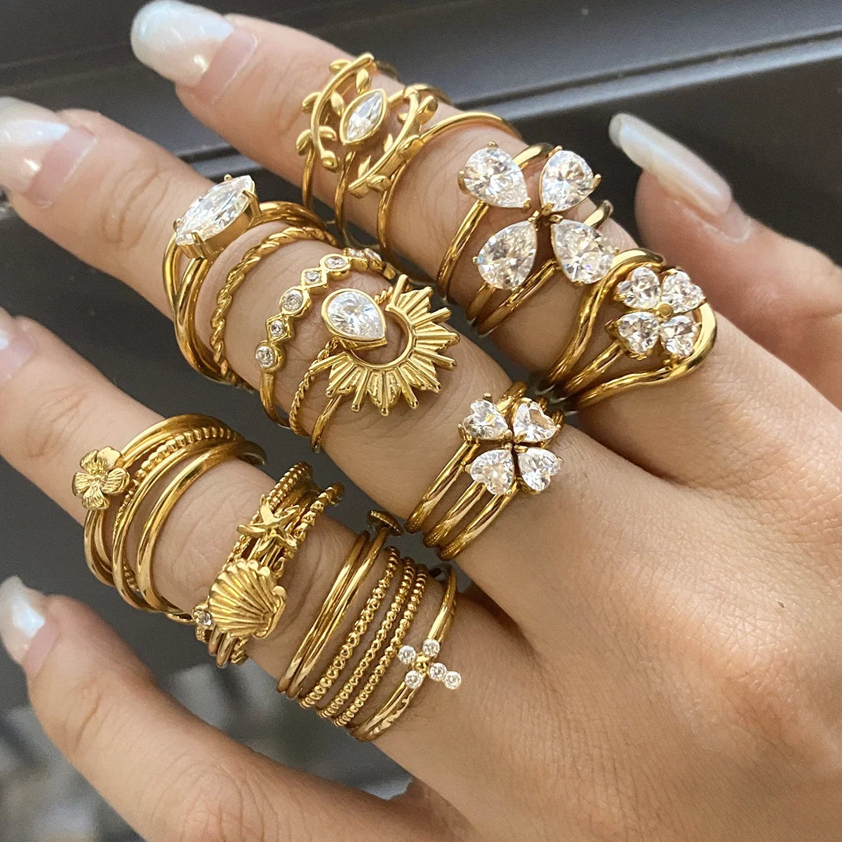 HOT Sale Stainless Steel Non-Fading Diamond Ring Rhinestone Adjustable Cutout Rings for Woman