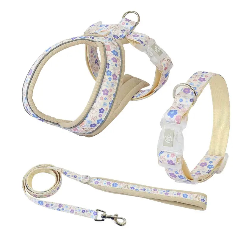 Maychan Custom Adjustable Personalized Luxury Printing Durable Pet Dog Harness with Collar Leash Set