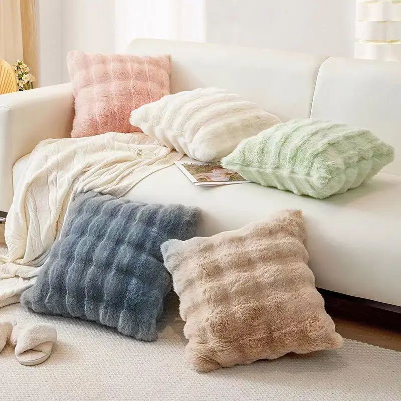 Cream Style Pillow Cover Light Luxury Rabbit Plush Pillowcase Living Room Sofa Bedroom Beige Backrest Cushion Cover Custom