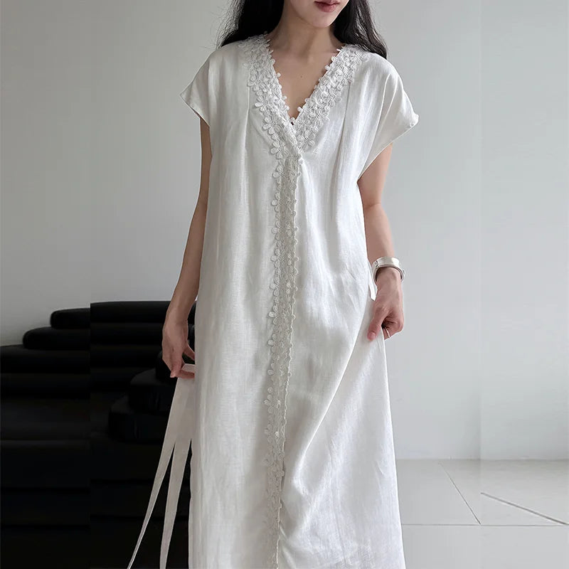 Custom Lace Trim Shorts Sleeve Maxi Dress Women's Elegant Skirts Linen Cotton A-line Dress