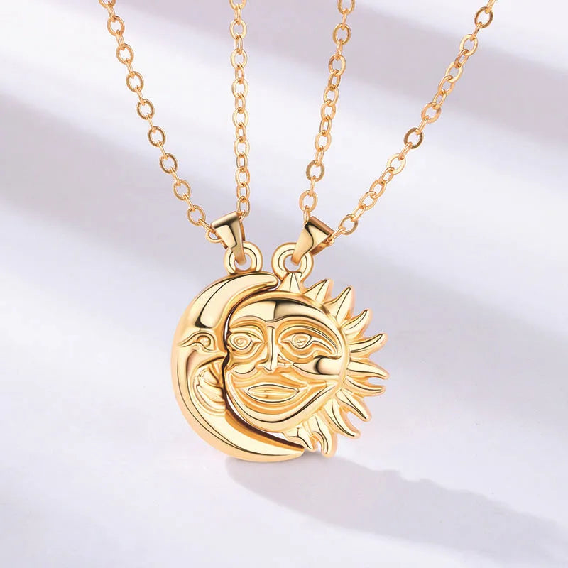 Vintage Couple Jewelry for Men Women Magnetic Sun Moon Pendent Necklace with Magnet Bohemia Lover Necklace