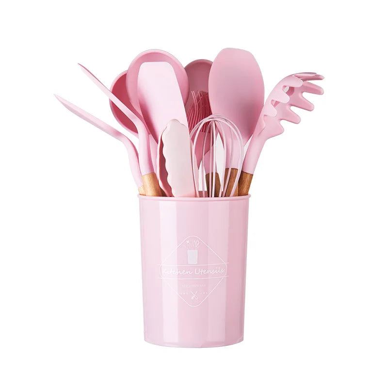 Hot Sale 12PCS Eco-Friendly Silicone Kitchen Utensils Wooden Handle Non-Stick Dishwasher Safe Heat Resistant Cooking Tool Set
