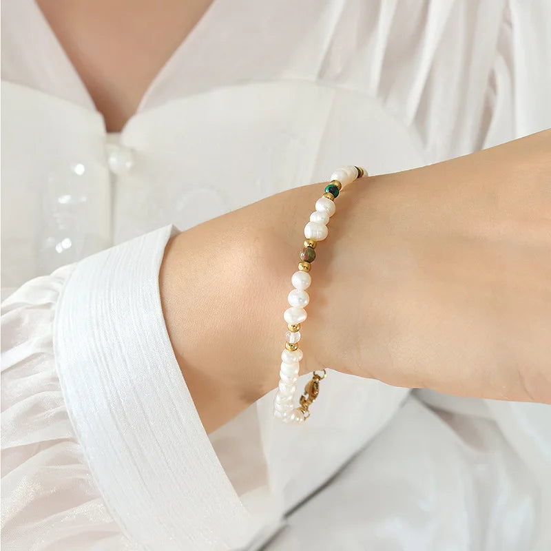 Color Natural Stone Freshwater Pearl Bracelet Stainless Steel Jewelry Gift Charm for Women Tarnish Free