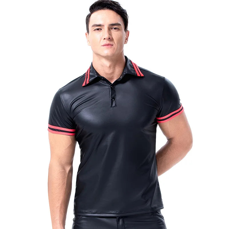 Dropship Male Black Leather Pvc Elastic Compression  tank Top  Party Club  Wear Men's Tight T-shirts