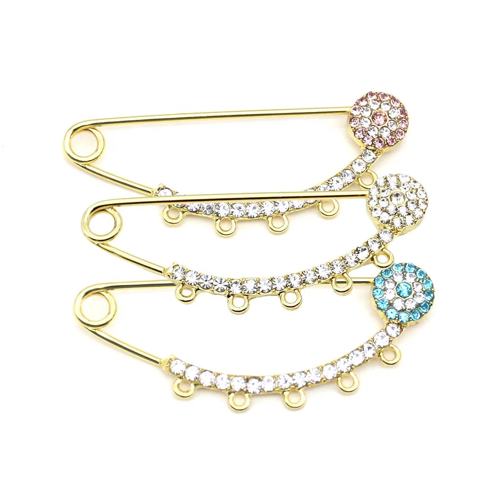 6.7CM 5 Loops Alloy Gold Plated Crystal Evil Eye Safety Pin for Baby Newborn Muslim Islamic Mashallah Wedding Charms