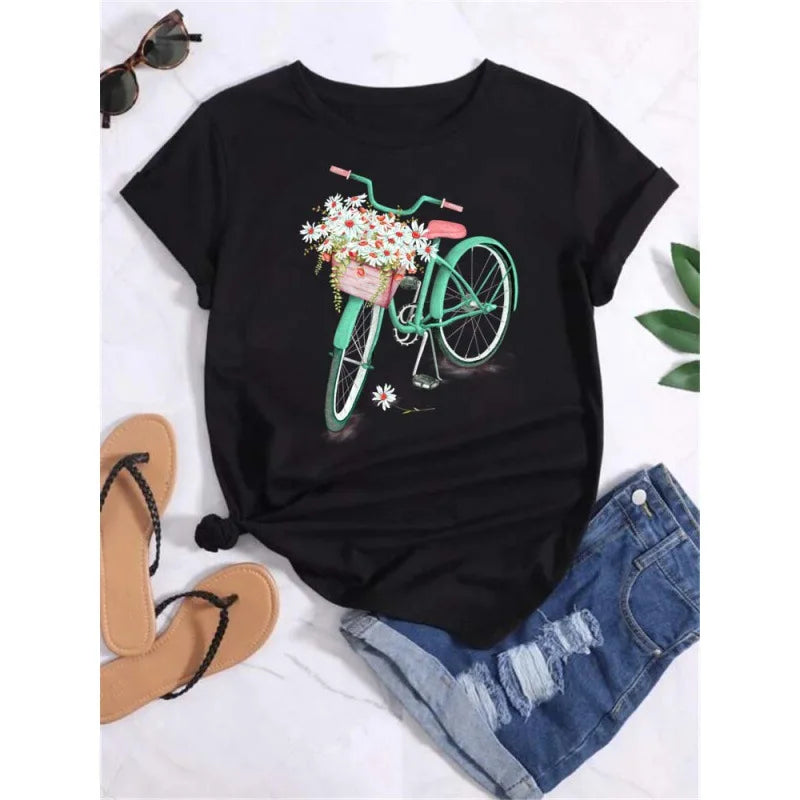 Ladies' Casual Fashion Funny Bicycle Floral Print T Shirt Harajuku Women Tshirts Casual O-Neck Short Sleeves Tops Tees Shirt