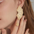 Creative new design minimalist leaves exaggerated earrings Wholesale big fan leaf plating long drop earrings