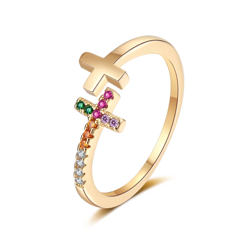 Fashion Simple Religious Cross Open Ring Colorful Zircon Men Women Christian Jewelry Gold Plated Rings