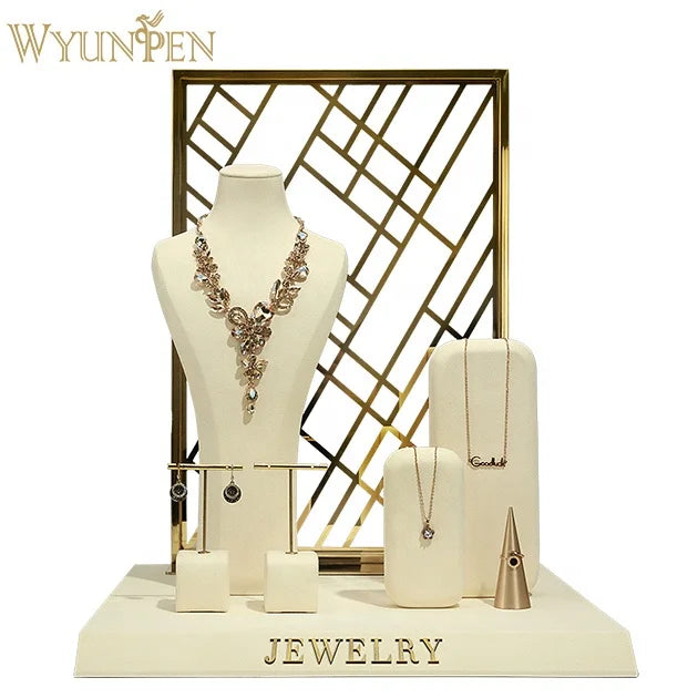 WYP Microfiber Jewelry Display Stand for Window Show Beige Earrings Necklace Watch Ring Display Prop Jewelry Display Set