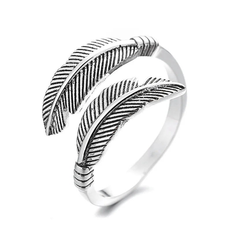 Wholesale Creative Retro Simple Personality Adjustable Rings Antique Silver Gothic Feather Rings for Women Men