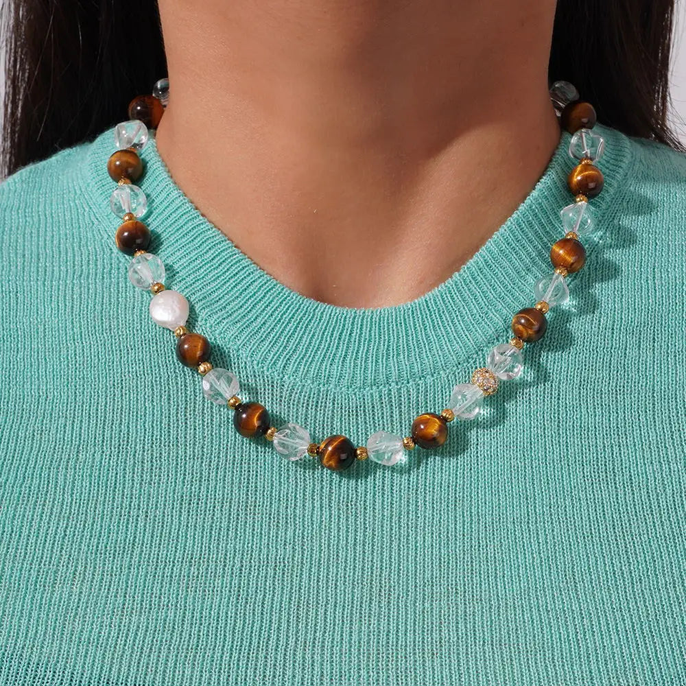 Chunky Natural Stone Healing Jewelry White Crystal Beads Necklace Tiger Eyes Stone Necklace