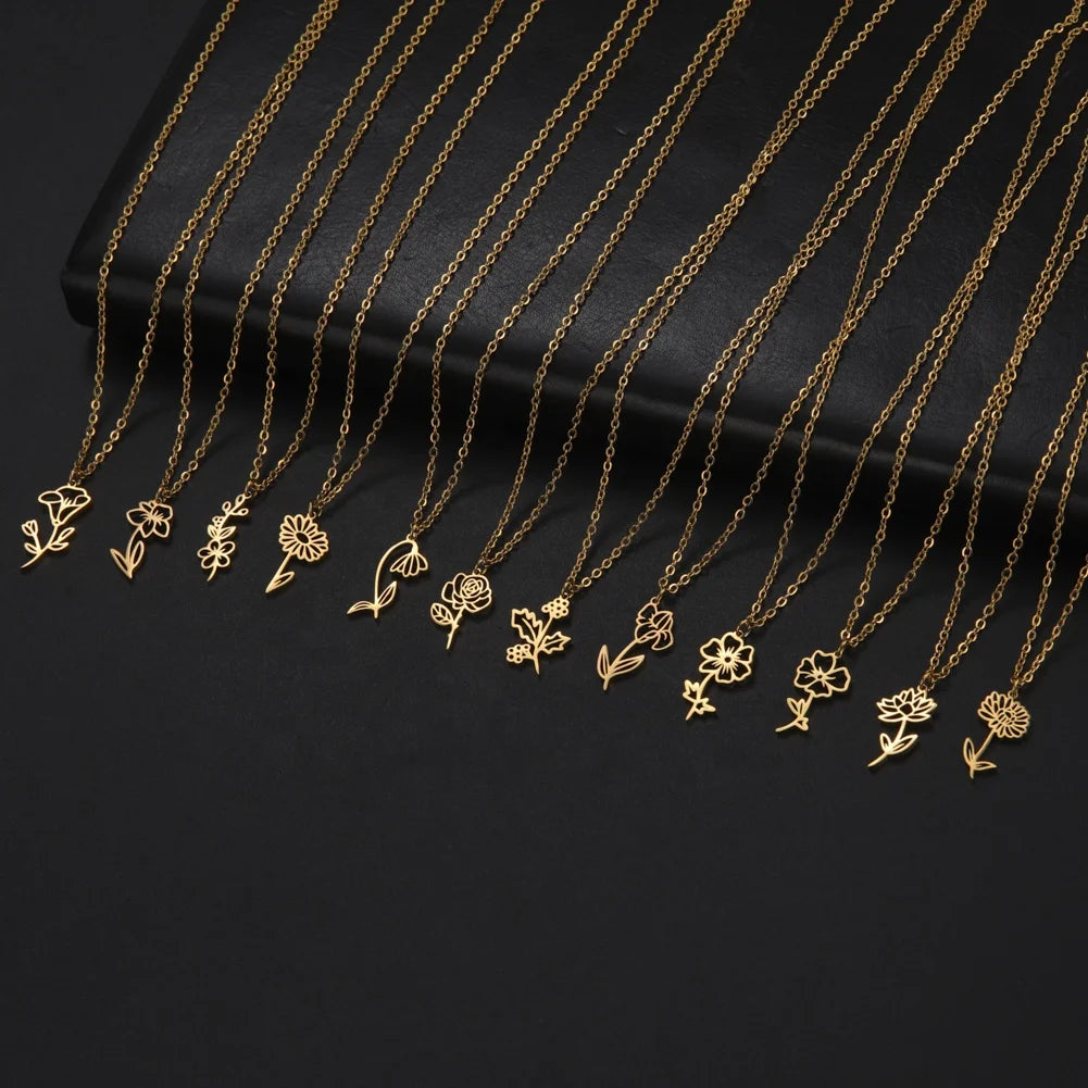 Birth Month Flower Necklace Snowdrop Daisy Rose Pendant Neck Chain Trendy Stainless Steel Jewelry Birthday Gift for Women Girls