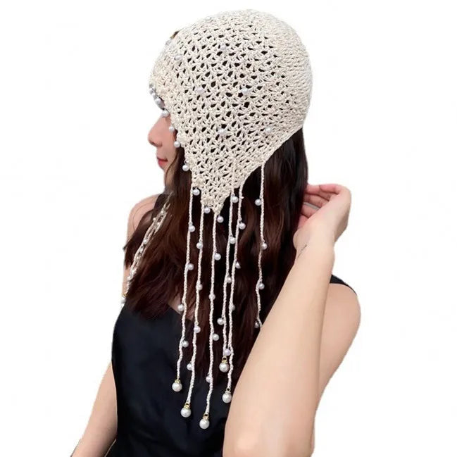 New Fashion Chic Women Princess Style Cotton Knitted Crochet Pearls Dress Earflap Beanie Hat Stretch Skull Hat with Tassels